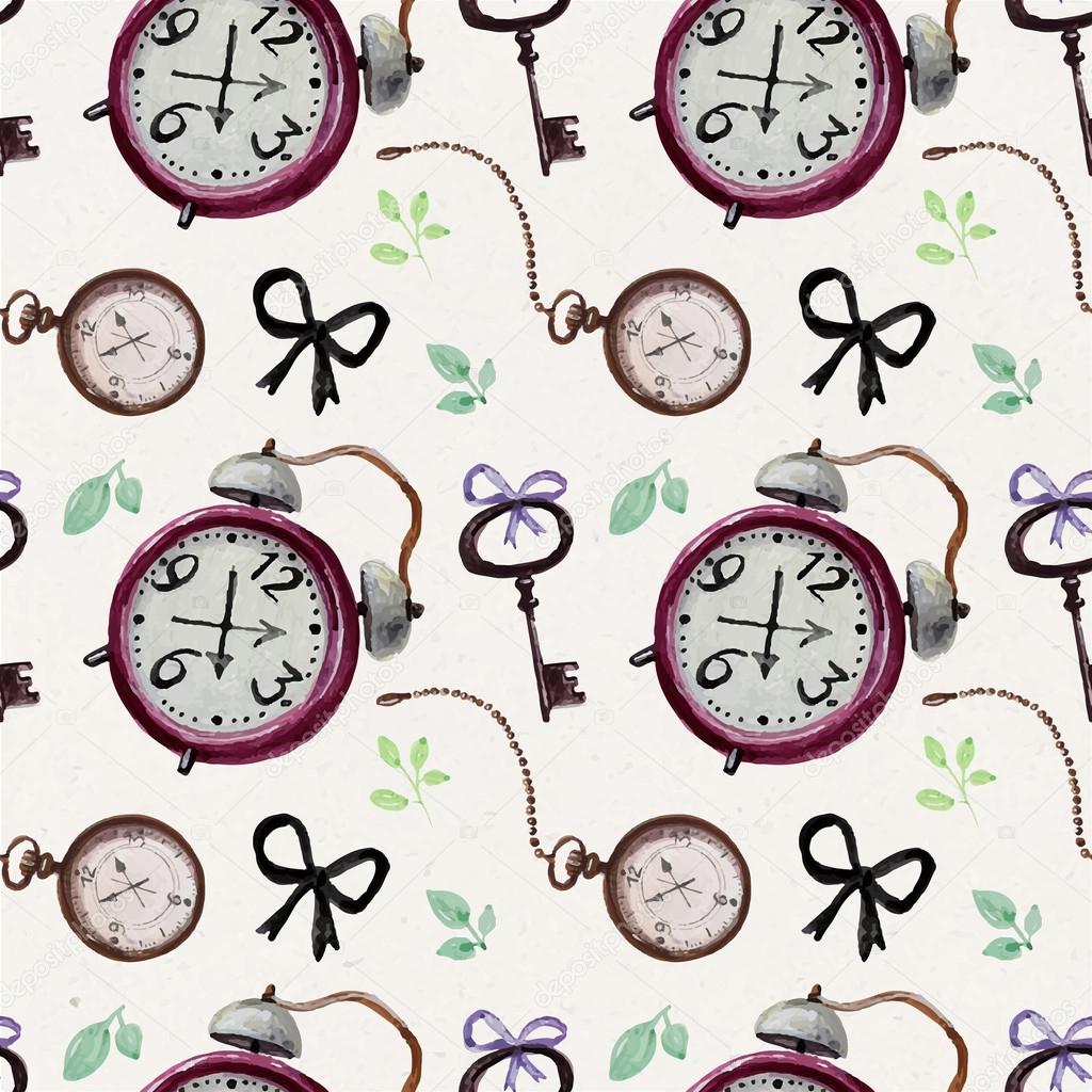 Pattern with watercolor alarm clocks