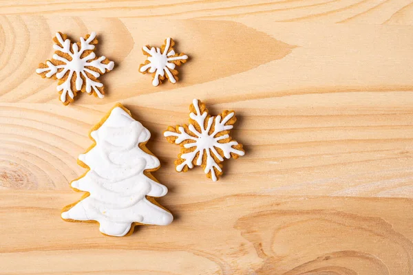 Christmas Gingerbread Cookies Wooden Background Copy Space Homemade Baking — Stock Photo, Image