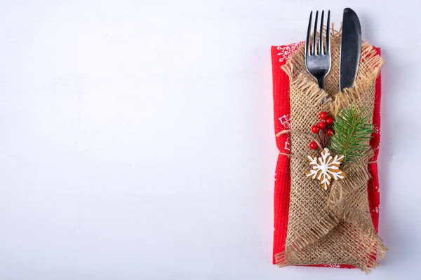 Mesa Navidad Con Espacio Para Copiar Cuchillo Tenedor Con Decoración —  Fotos de Stock