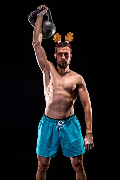 Athletic Man Deer Horns Trains Kettlebell Fitness Kettlebell — Stock Photo, Image