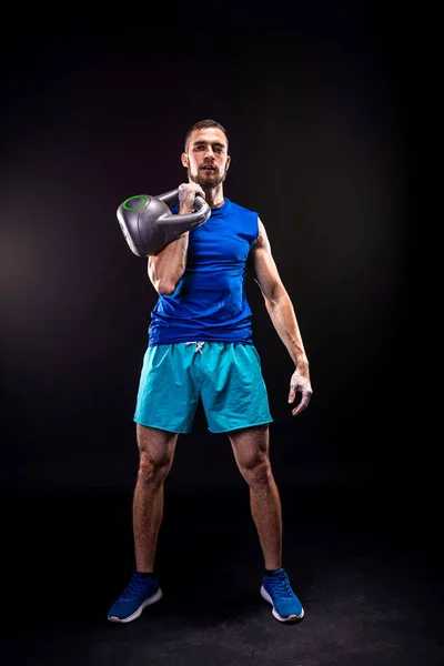 Man Blue Shirt Shorts Trains Kettlebell Fitness Kettlebell — Stock Photo, Image