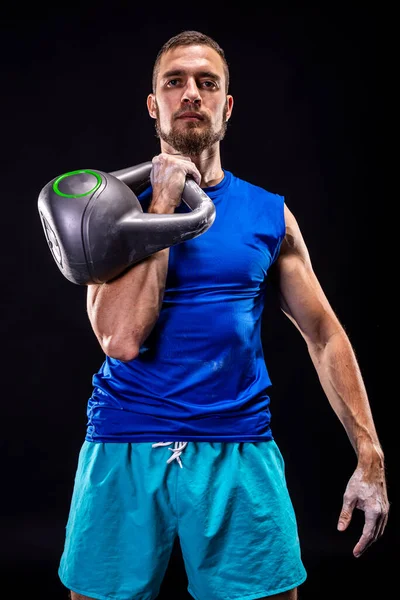 Man Blue Shirt Shorts Trains Kettlebell Fitness Kettlebell — Stock Photo, Image