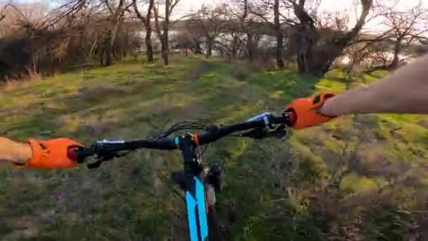 Велосипедист Спускається Лісовій Стежці Річки Пов — стокове відео