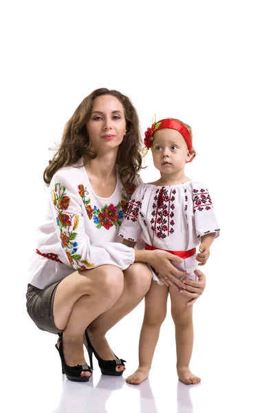 Woman with a little girl in the Ukrainian national clothes isola — Stock Photo, Image