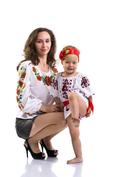 Woman with a little girl in the Ukrainian national clothes isola — Stock Photo, Image