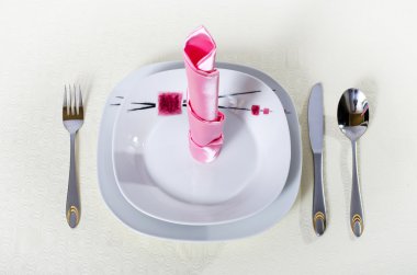 Sofra takımı, pembe peçete ile plakalar
