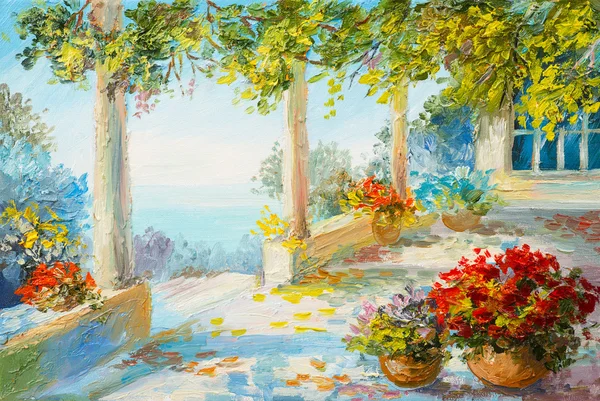 Paesaggio dipinto ad olio - terrazza vicino al mare, fiori — Foto Stock