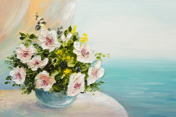 Oil painting still life - bouquet of flowers on the table — Stock Photo, Image