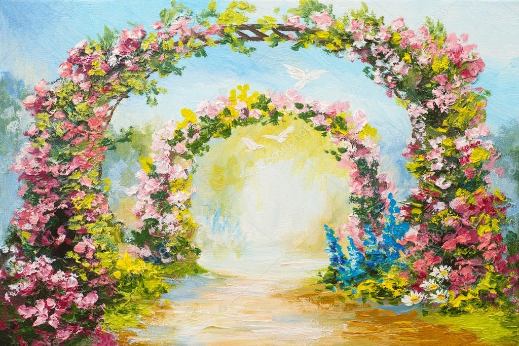 Oil painting - floral arch in the summer park, colorful art picture