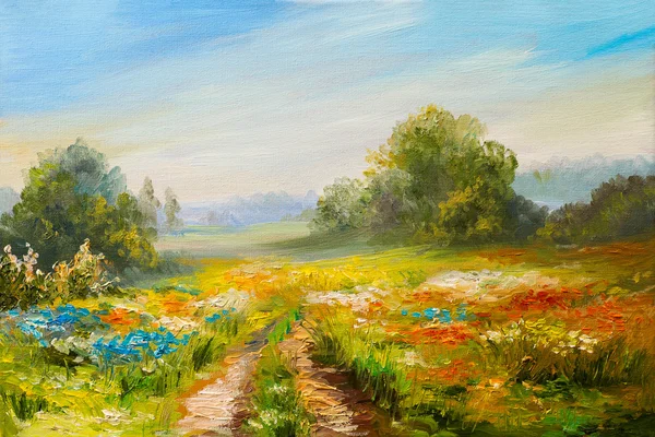 Oljemålning landskap, färgglada fält av blommor, abstrakt impressionism — Stockfoto