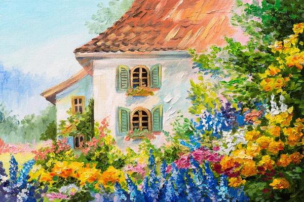 Peinture à l'huile paysage, maison dans le jardin de fleurs, impressionnisme abstrait — Photo