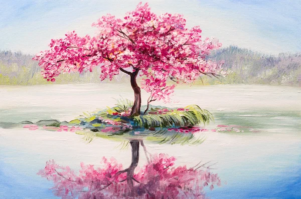 Oil painting landscape, oriental cherry tree, sakura on the lake — Stock Photo, Image