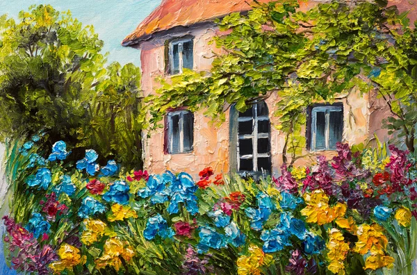 Obraz olejny pejzaż, dom w pełnym kwiatów ogrodzie, streszczenie impresjonizm — Zdjęcie stockowe