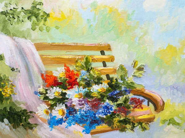 Pintura a óleo, buquê de flores no banco — Fotografia de Stock