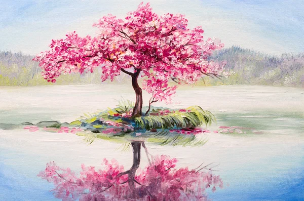 Pemandangan lukisan minyak, pohon ceri oriental, sakura di danau Stok Lukisan  