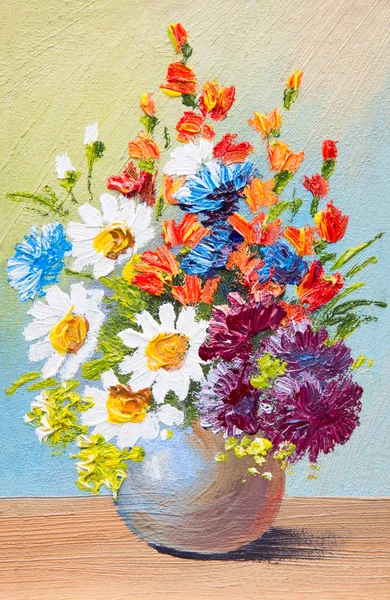 Disegno fiori in un vaso, pittura astratta ad olio acquerello — Foto Stock