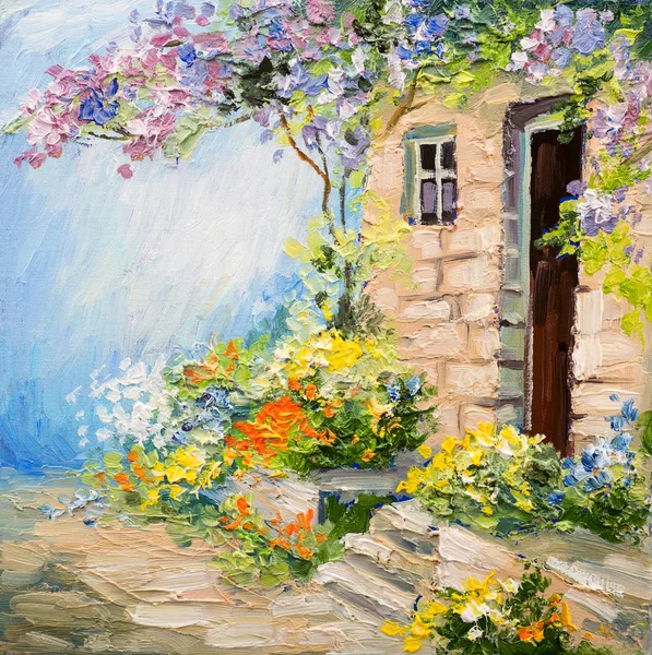 Paisagem pintura a óleo - jardim perto da casa, flores coloridas, floresta de verão — Fotografia de Stock