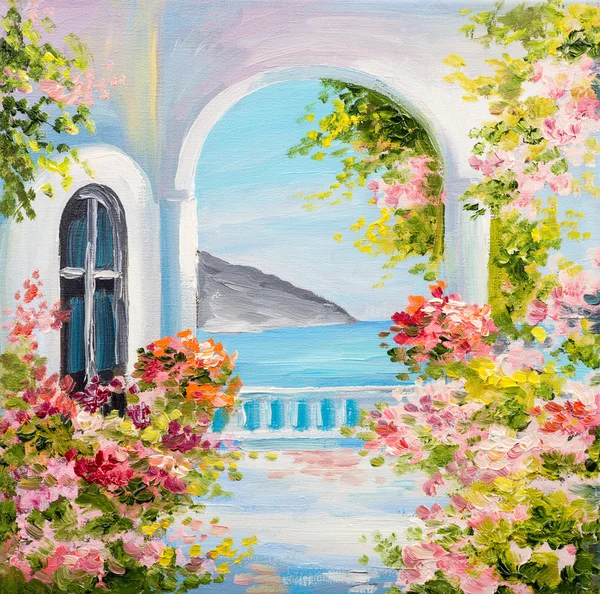 Peinture à l'huile sur toile - maison près de la mer, été, toile, grec — Photo