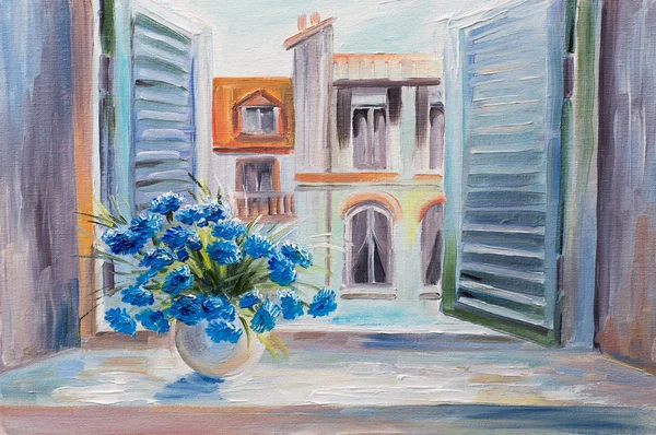 Pittura ad olio. fiori sul balcone, bellissimi tetti in estate, acquerello colorato — Foto Stock