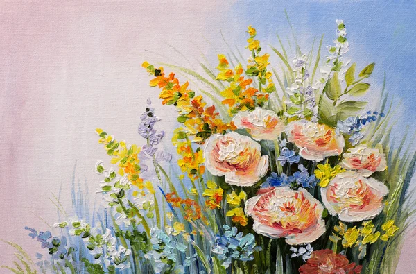 Olieverfschilderij - abstracte boeket van zomerbloemen, kleurrijke aquarel — Stockfoto