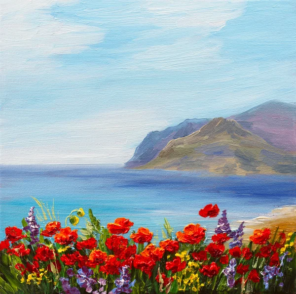 Campo de amapola cerca del mar, costa colorida, pintura al óleo del arte —  Fotos de Stock