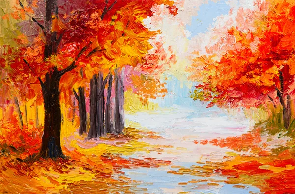 Pemandangan lukisan minyak Hutan musim gugur berwarna-warni Stok Gambar Bebas Royalti