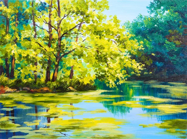 Pintura al óleo paisaje - lago en el bosque — Foto de Stock