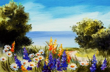 oil painting flowers near the sea, camomile field