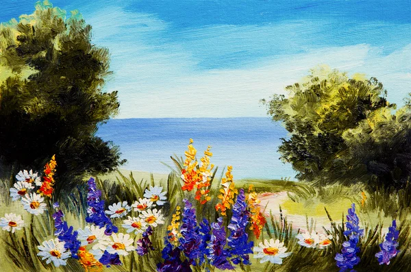 Pintura al óleo flores cerca del mar, campo de manzanilla —  Fotos de Stock