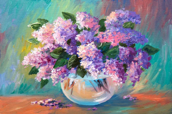 Oil painting of spring lilac  in a vase on canvas, artwork — Stock Photo, Image