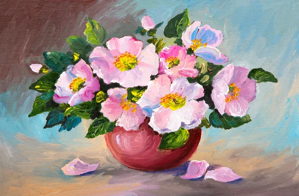 Pittura a olio di rose selvatiche rosa primaverili in un vaso su tela, opera d'arte — Foto Stock