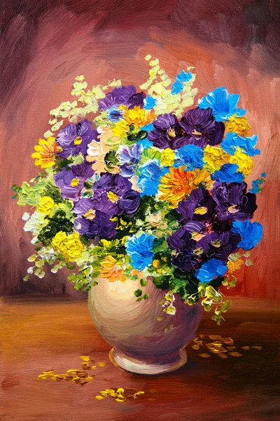 Olieverfschilderij van spring veelkleurige bloemen in een vaas op doek, kunstwerk — Stockfoto