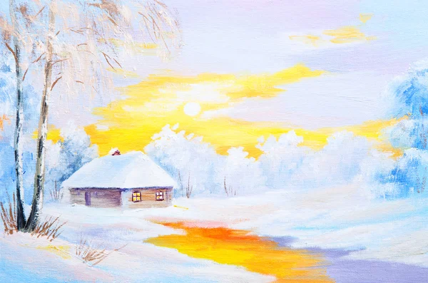 Peinture à l'huile paysage d'hiver, rivière gelée dans la forêt, aquarelle colorée — Photo