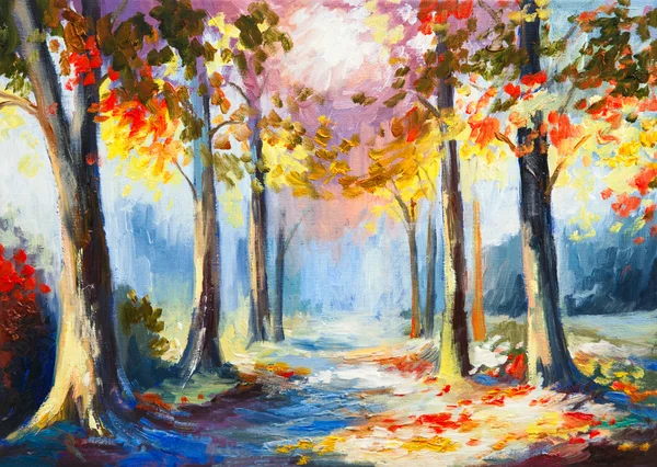 Pittura ad olio colorato paesaggio primaverile, strada nella foresta, acquerello astratto — Foto Stock