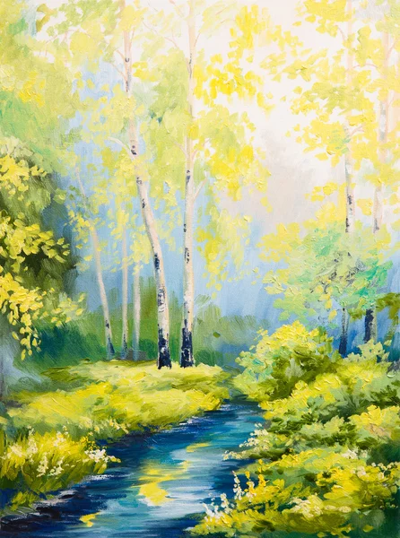 Olieverfschilderij - voorjaar landschap, rivier in het forest, kleurrijke aquarel — Stockfoto