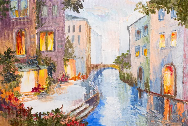 Живопись маслом - канал в Венеции, Италия, современный импрессионизм, красочное искусство — стоковое фото