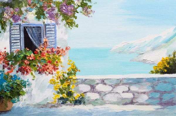 Oil painting landscape - terrace near the sea, flowers — Stock Photo, Image