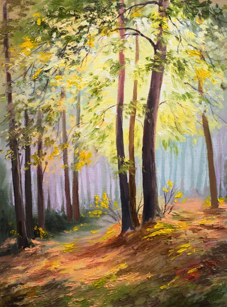 Spring landscape, trees in the forest, colorful oil painting — Stock Photo, Image