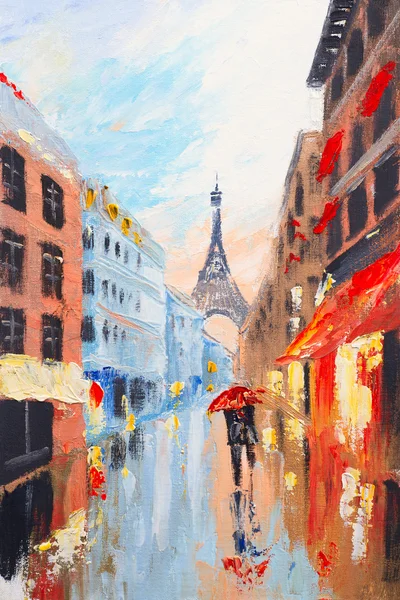 คู่รักเดินบนถนนในปารีส กับพื้นหลังของหอไอเฟล ภาพวาดสีน้ํามันนามธรรม ภาพสต็อก