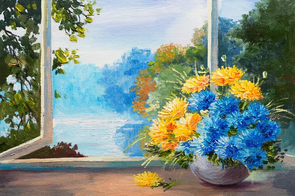 Bouquet bunga musim semi di meja dekat jendela, lukisan minyak Stok Gambar