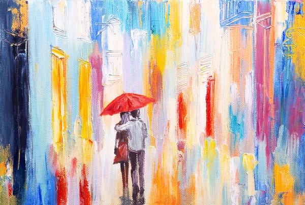 Pasangan sedang berjalan di tengah hujan di bawah payung, lukisan minyak berwarna-warni yang abstrak Stok Foto