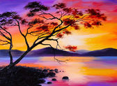 Картина, постер, плакат, фотообои "colorful sunset on the lake, oil painting, art watercolor", артикул 69246783