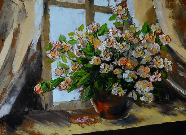 Oljemålning av vårens blommor i en vas på kanfas, konstverk — Stockfoto