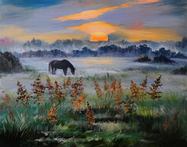 Lukisan minyak lapangan saat matahari terbenam, karya seni — Stok Foto