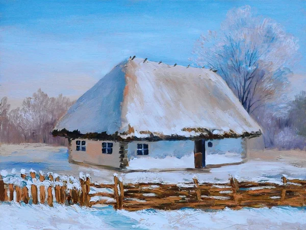 Oil painting of winter house , art work