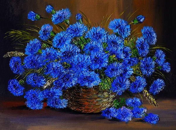 Dipinto ad olio di fiori blu in un vaso, opera d'arte — Foto Stock