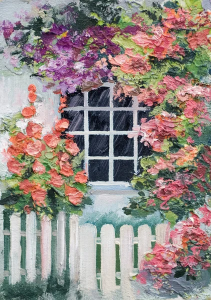 Oil painting - lots of flowers around the house, walkway and whi — Stock Photo, Image