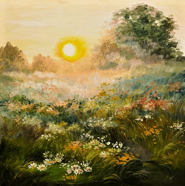 Olejomalba - východ slunce v poli, umělecké dílo — Stock fotografie