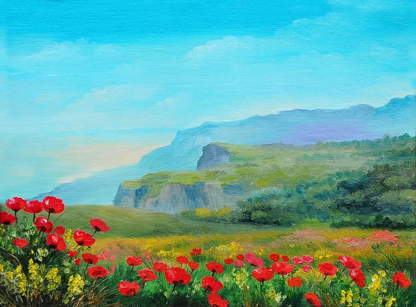 Olieverfschilderij - poppy veld in de bergen — Stockfoto