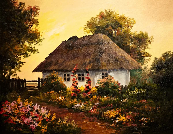 Pintura al óleo - casa en el pueblo, obra de arte — Foto de Stock